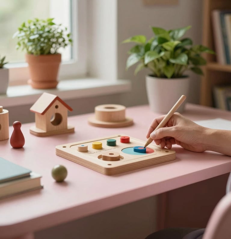 A warm and elegant Southern European / Italian study room with wooden educational toys and soft green plants on a soft pink desk, natural light, nurturing atmosphere.