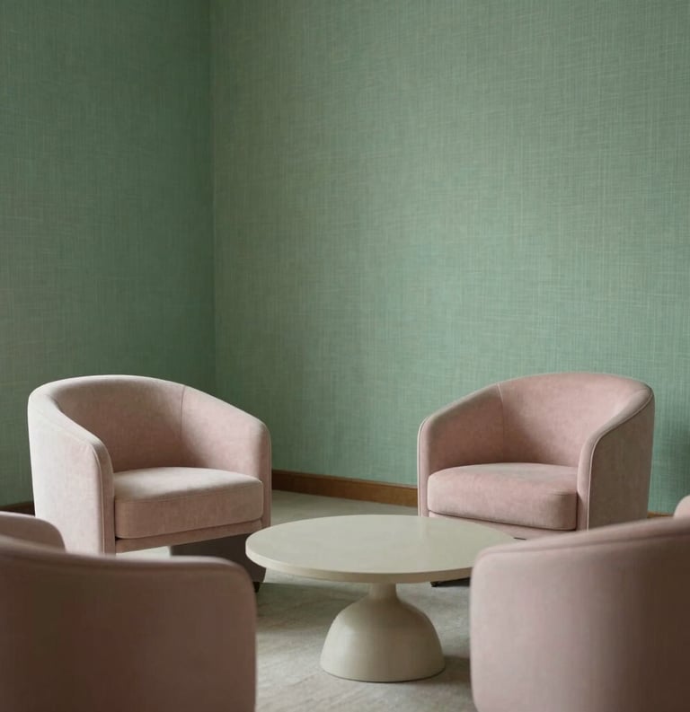 A serene pedagogical consulting room with elegant minimalist furniture, soft green linen textures, and soft pink accents, Southern European / Italian aesthetic.