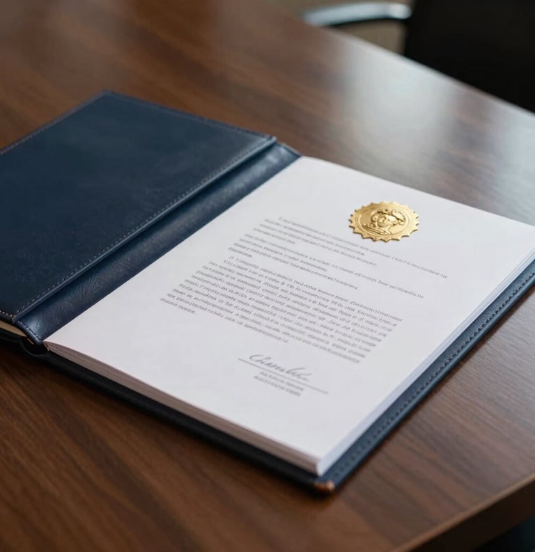A close-up of a high-end leather portfolio and a professional legal document with a formal seal on a dark wood conference table in a Brazilian office, softly lit to highlight the texture of the paper and the professionalism of the setting, dark blue and gold tones.