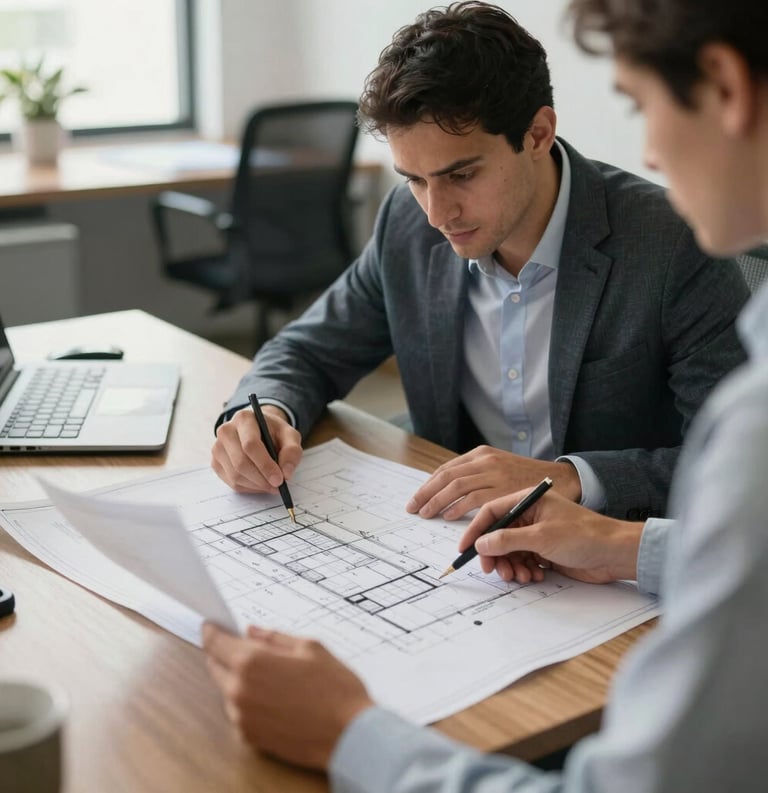 A professional at a desk reviewing architectural blueprints and registry documents in a light-filled Brazilian office, emphasizing expertise in property services.