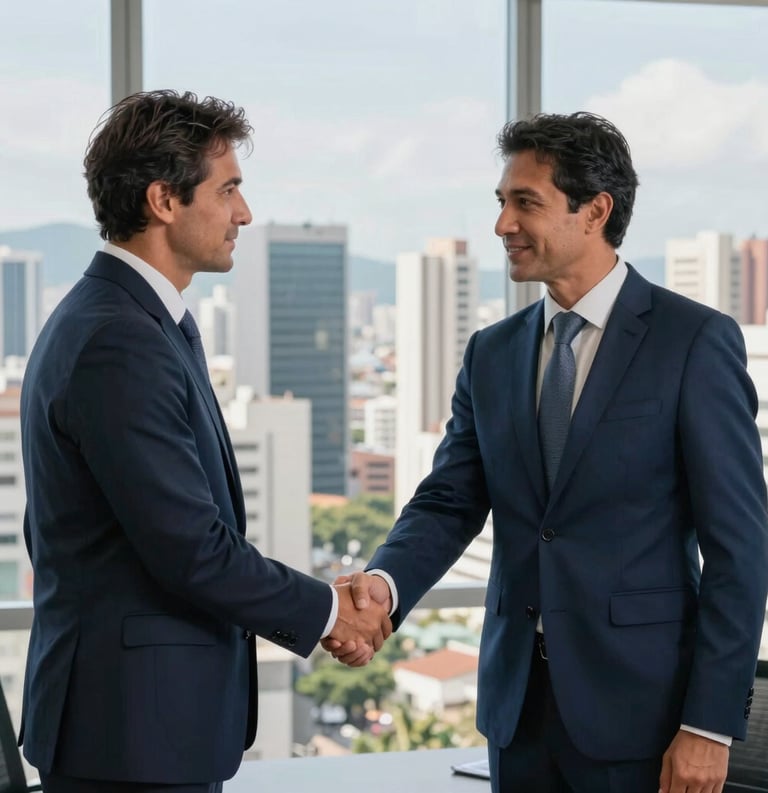 A professional South American consultant in a sharp dark blue suit shaking hands with a client in a modern high-rise office overlooking a Brazilian city skyline, the lighting is bright and airy, conveying a sense of expert guidance and success.