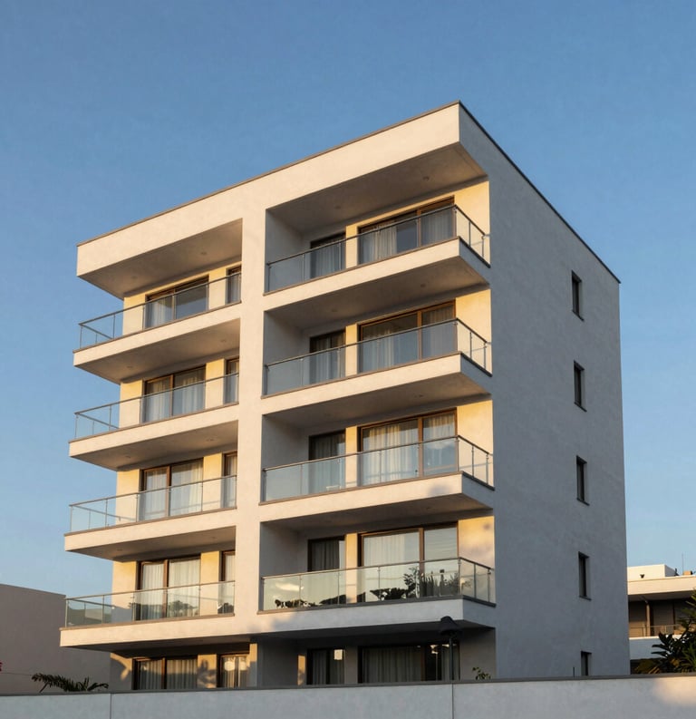 A beautiful shot of a modern South American residential complex with clean lines and large glass balconies, captured during the golden hour to emphasize security and property value, with a clear blue sky, portraying clarity and trustworthiness.
