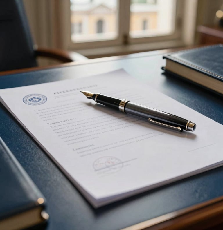 A professional Brazilian administrative office desk featuring a high-quality fountain pen resting on official embossed parchment documents, with warm sunlight streaming through a window showing colonial architecture in the background, sophisticated and reliable mood, medium blue and gold color accents.