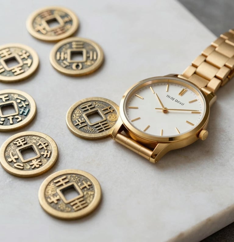 An artistic composition of I-Ching coins and a modern minimalist gold watch on a white stone surface, representing the intersection of time and ancient sacred sciences, global/western.
