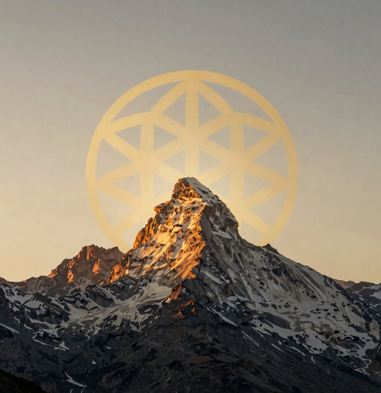 A high-altitude landscape of a serene mountain peak during golden hour, with a subtle golden geometric overlay of a flower of life, sophisticated and grand, Global / Western.