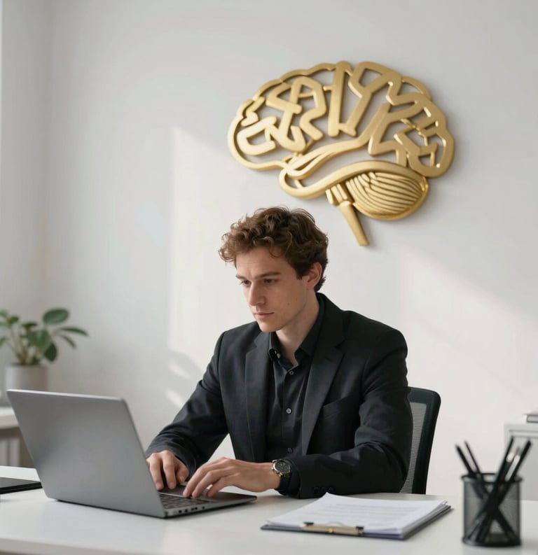 A focused professional in a minimalist white study space with golden geometric wall art, symbolizing cognitive excellence and performance, soft natural light, global/western.