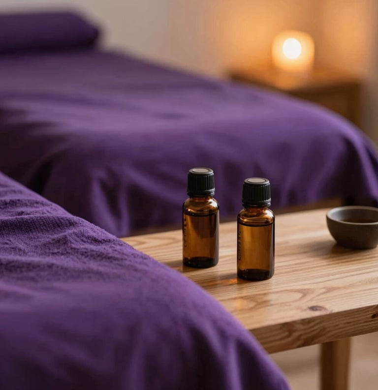 A tranquil therapeutic setting with soft royal purple textiles and natural wood elements, diffusing essential oils and soft golden ambient light, sophisticated healing atmosphere, global/western.
