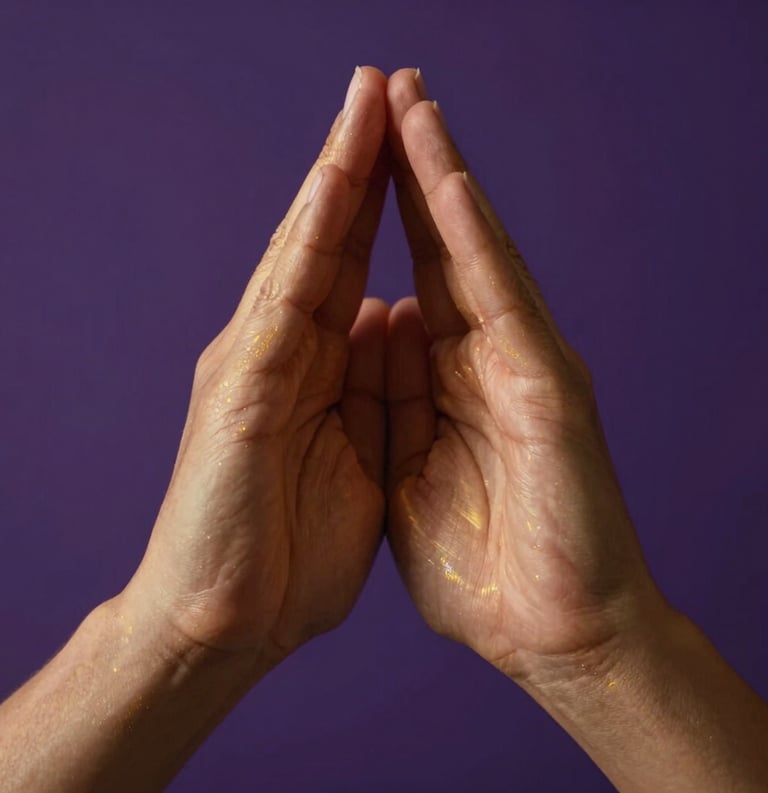 Close-up photography of hands positioned in a sacred energy healing gesture, soft ethereal light shimmering in golden hues against a deep royal purple background, global/western.