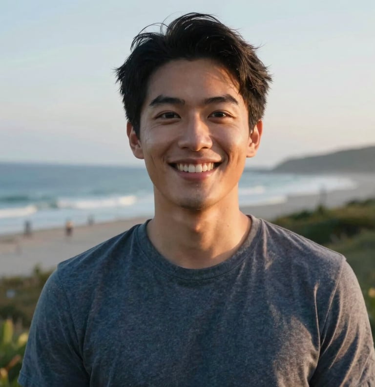 Photography of a smiling individual in a North American / US coastal setting, soft evening light, conveying vitality and a sense of affordable wellness.