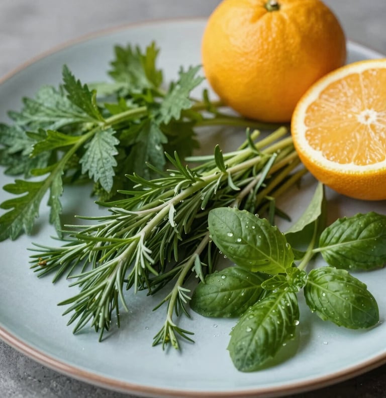 Close-up photography of fresh North American / US garden herbs and citrus on a Pale Blue ceramic plate, soft daylight.