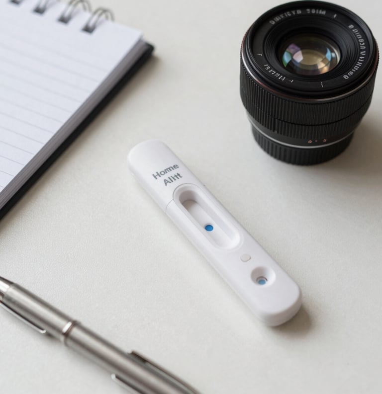 An affordable home health testing kit neatly arranged on a table next to a notepad and pen, North American / US setting, clean, bright lighting, accessible and scientific mood.