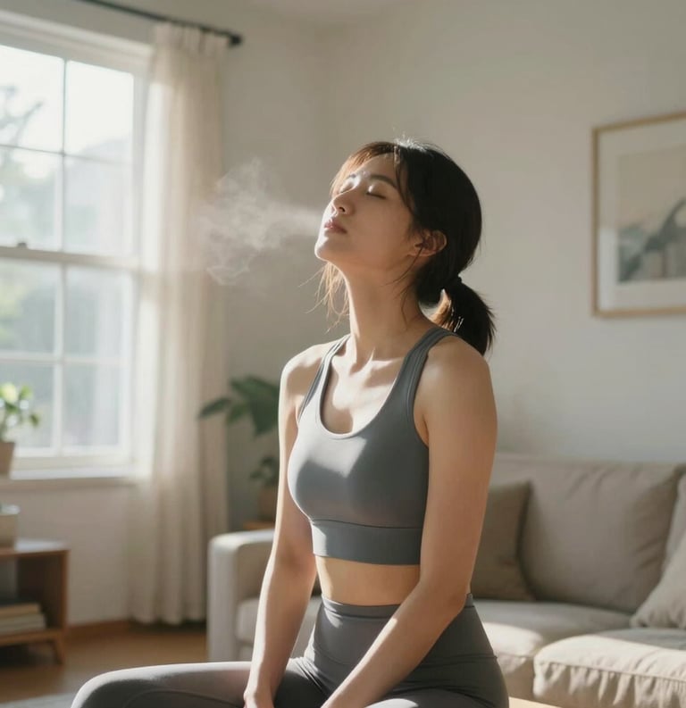 Photography of an adult in activewear breathing deeply in a bright North American / US living room, sunbeams coming through the window, peaceful mood.
