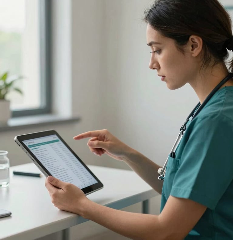 Photography of a health advisor in a North American / US clinic setting, natural light, using a tablet to explain health data, dressed in Sandy Tan and Dark Teal tones.