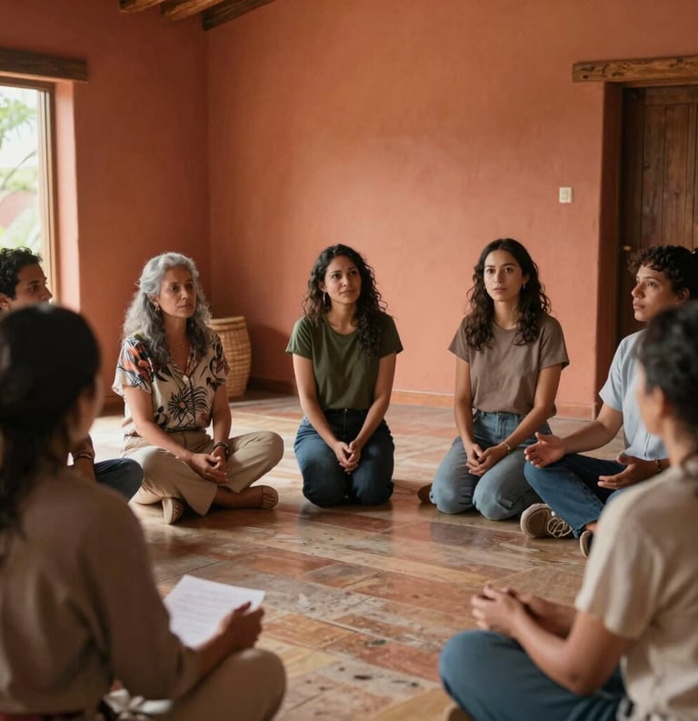 A diverse group of adults in a workshop setting with warm, terracotta-colored walls. They are engaged in a mindful discussion, soft lighting, South American residential architecture in the background, professional and inspiring atmosphere.