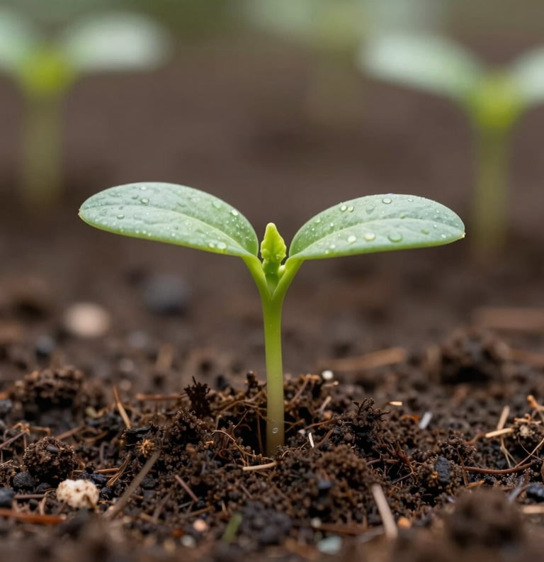 Macro photography of a sprouting plant in rich dark Colombian soil, soft focus background, natural lighting, symbolic of organic growth and empowerment.