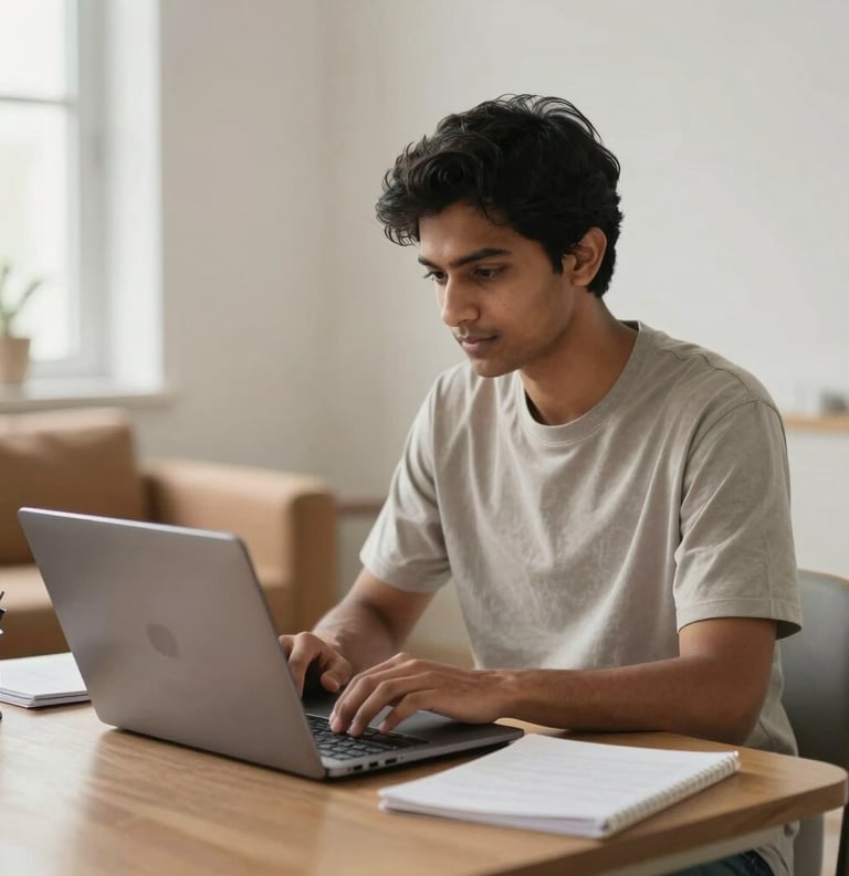 A focused South Asian student studying on a laptop in a bright, modern room. Soft natural lighting illuminates the space, which features minimalist furniture in tan and off-white tones.