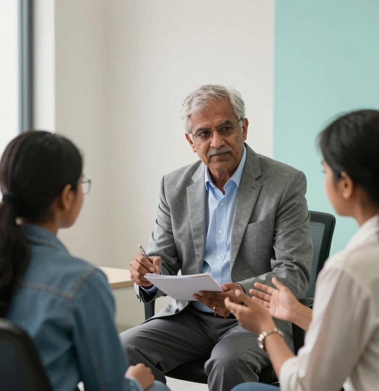 A South Asian senior psychologist in professional attire mentoring a young student in a modern, bright office in India. The setting is professional and calm with off-white walls and seafoam accents.