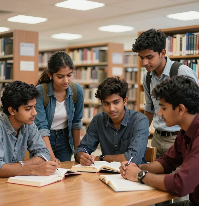 A group of South Asian students collaborating in a bright, academic library setting. They are sitting at a wooden table with books, expressing academic excellence and mutual support.
