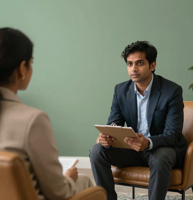 A photography of two South Asian professionals in a counseling room, one holding a clipboard, sitting on tan leather chairs in a space with sage green walls.