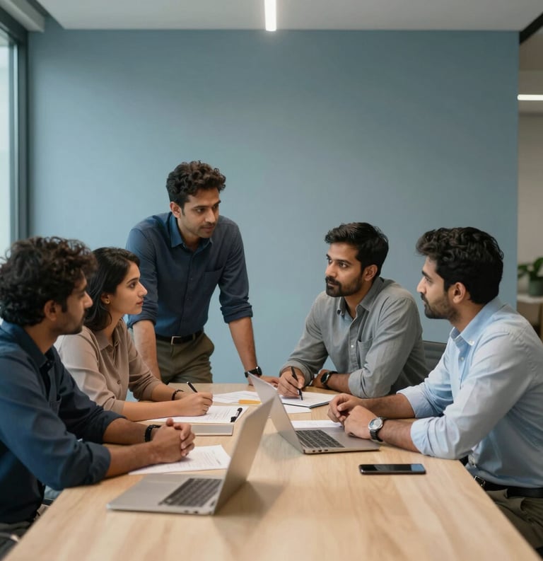 A professional South Asian team discussing projects in a minimalist, modern office space. The lighting is soft and professional, with a palette of muted blue and sand-colored decor.