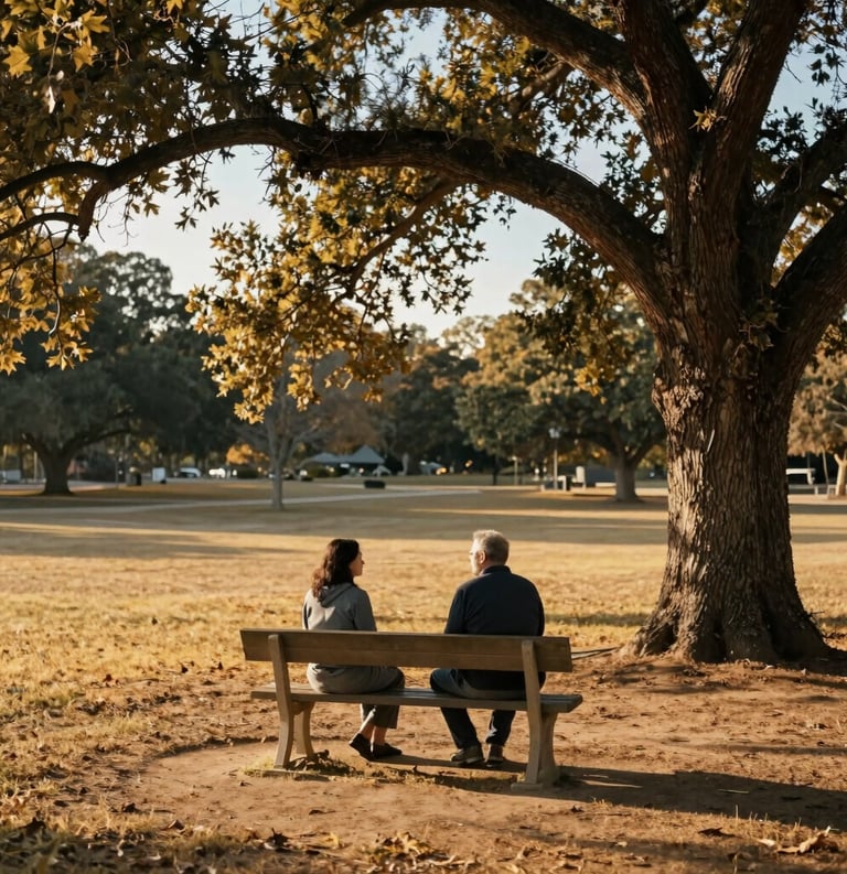 Photography of a serene outdoor counseling session in a North American park, two people talking on a bench under a large oak tree, golden afternoon light, feeling of trust and peace, colors include golden sand and slate blue.