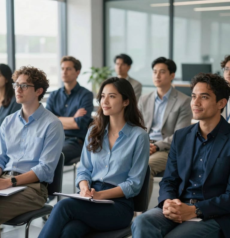 A professional photography of a group session in a modern, sunlit North American office, diverse adults engaged in leadership training, focused and optimistic expressions, slate blue and midnight blue color palette, professional depth of field.