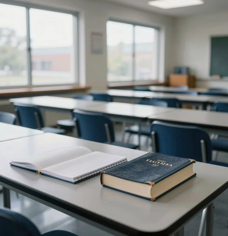Photography of an elegant classroom setting in a North American community center, sunlight through large windows, notebooks and bibles on clean tables, atmosphere of education and spiritual depth, colors include sky grey and midnight blue.