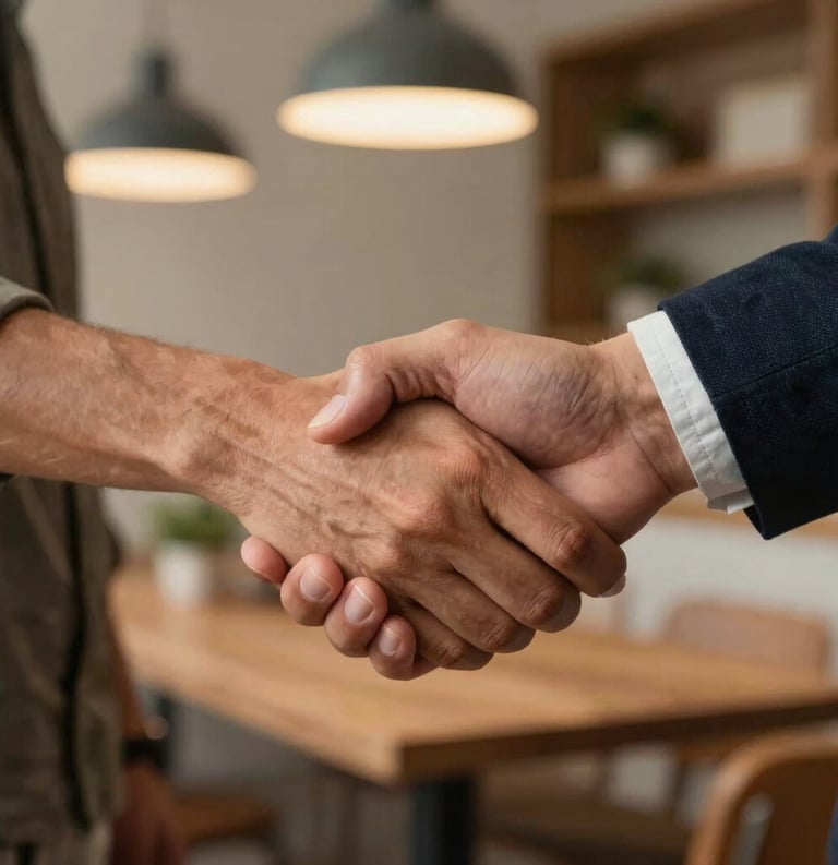 Close-up of two people from different backgrounds shaking hands firmly in a sign of partnership and trust, warm North American interior lighting.
