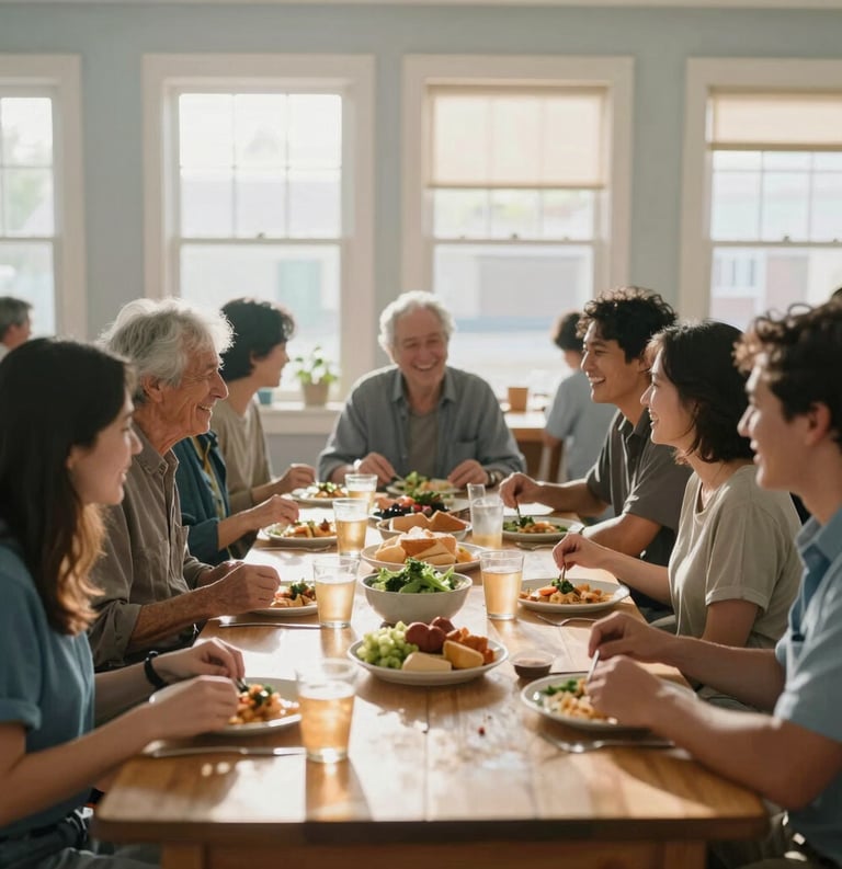 A bright photography of a warm community meal in a North American neighborhood hall, soft sunlight streaming through windows, people sharing a meal and laughing, peaceful and nurturing atmosphere, colors include soft mist and slate blue.