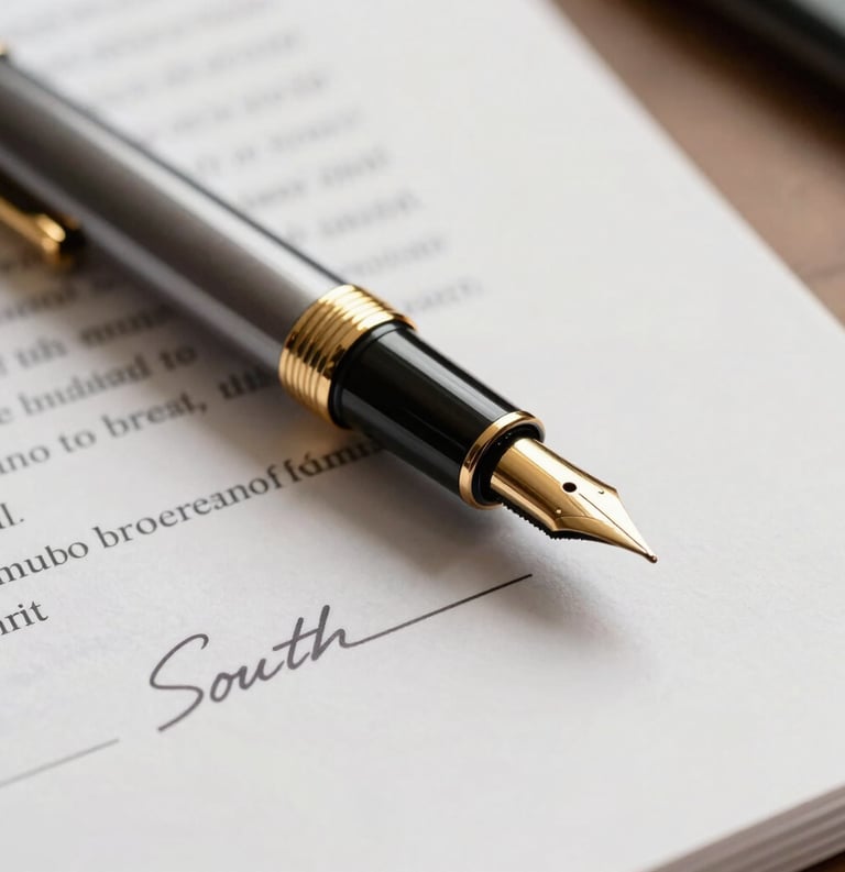 Close-up photography of a professional fountain pen resting on a signed legal document with gold detailing, warm professional lighting, South Asian office context.