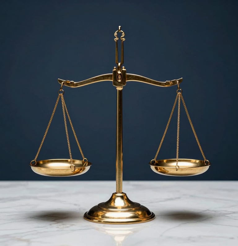 Elegant photographic composition of a golden scale of justice on a white marble surface, dark blue background, professional studio lighting.