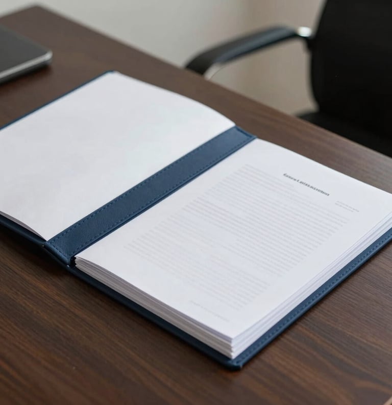 A high-quality photographic shot of a legal folder and a stack of documents on a dark wooden desk in a modern South Asian legal office, white and dark blue accents.