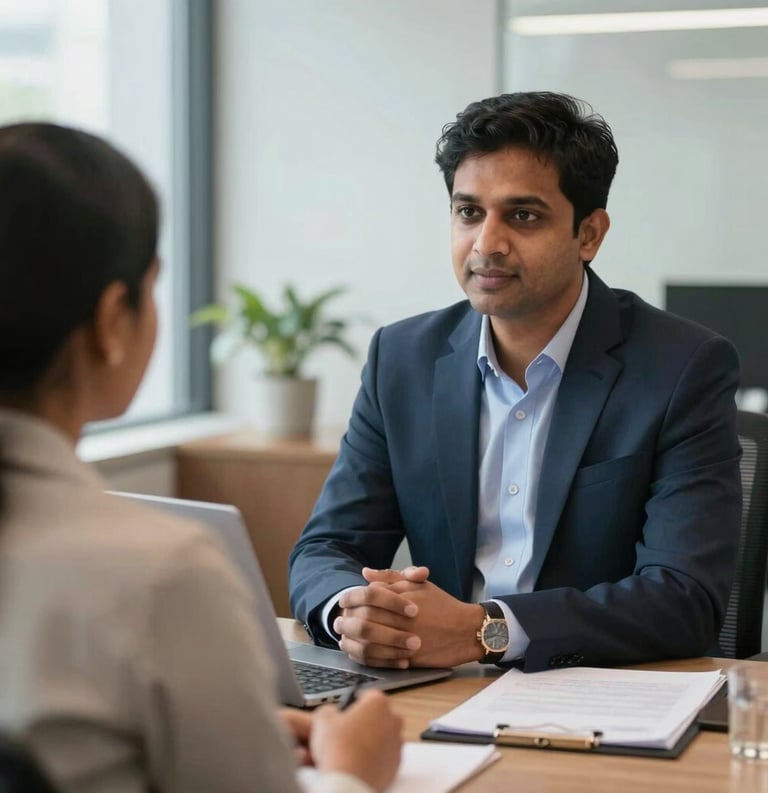 A professional South Asian legal consultant in a well-lit Kochi office, engaged in a respectful discussion with a client. The atmosphere is professional and modern.