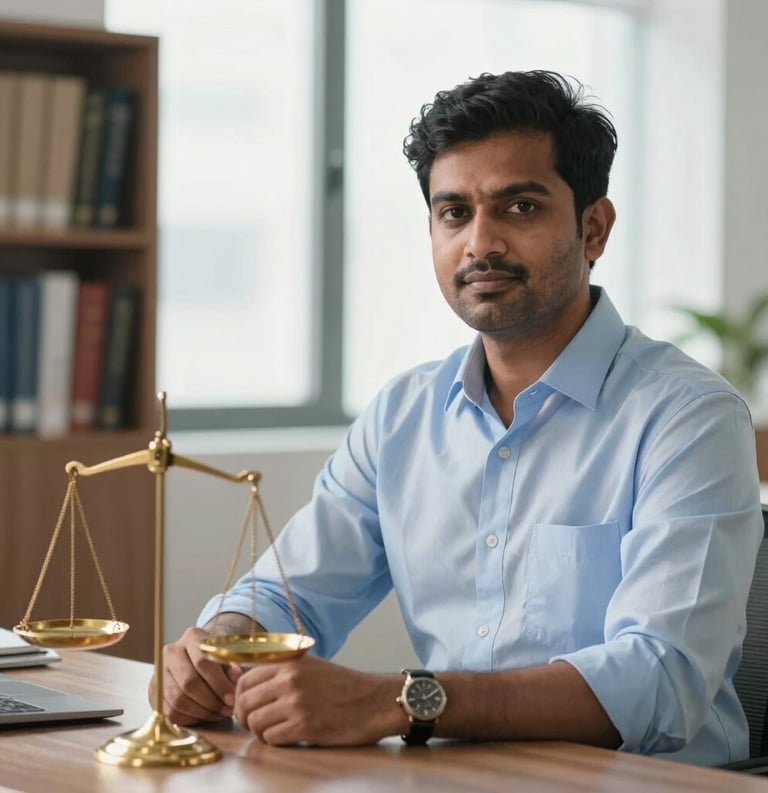 A professional South Asian / Indian legal consultant in a light blue shirt sitting in a bright, modern office with books and a golden scales of justice in the background.