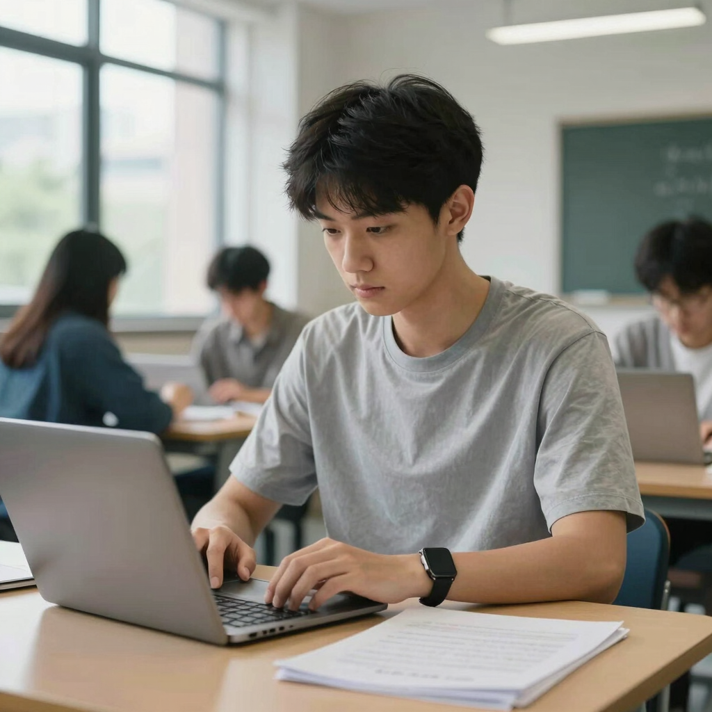A focused student studying with digital tools in a clean, modern university setting with soft natural light. The aesthetic is professional and academic, featuring tones of silver gray and muted blue in an international city environment.