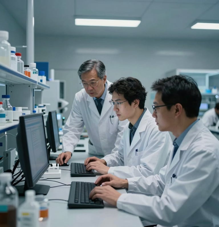 A sleek, professional laboratory environment showing international researchers collaborating over a digital workstation. The lighting is cool and focused, highlighting modern tech and glass surfaces in shades of muted blue and silver gray.