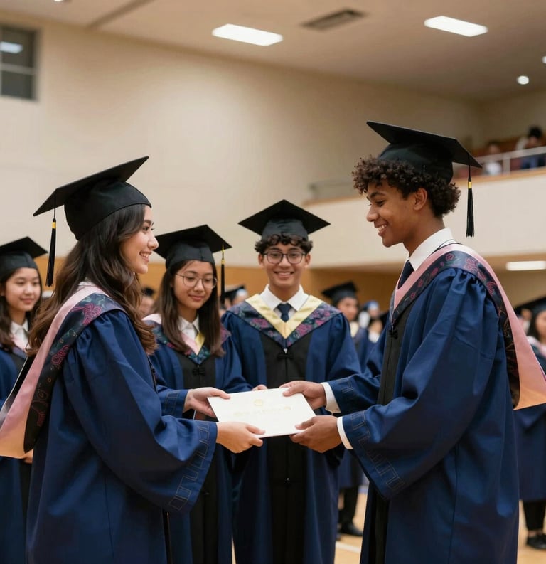 A group of students receiving their diplomas at a graduation ceremony in a grand, modern hall, International / Global, celebratory lighting, Dark Blue and Sand colors.
