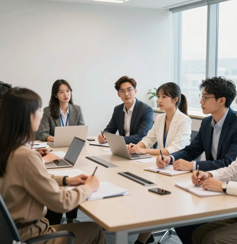 A group of aspiring young professionals in a bright, contemporary conference room, engaged in a leadership seminar. The composition is dynamic and inspiring, emphasizing collaboration and progress with a palette of tan, off white, and dark blue.