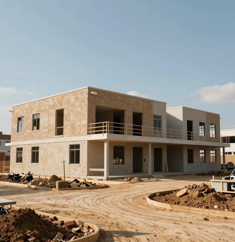 A hopeful scene of a community development project in an international setting, with clear bright lighting. The shot focuses on the clean architecture of a new public building under construction, representing sustainable impact and progress in tones of tan and muted blue.