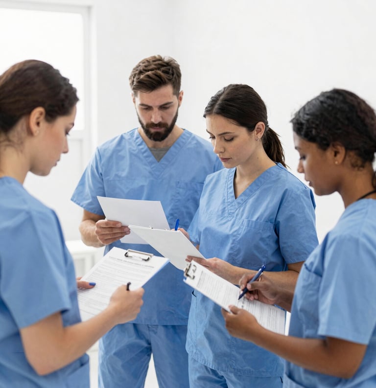 A group of young medical professionals in blue scrubs reviewing patient records on clipboards.