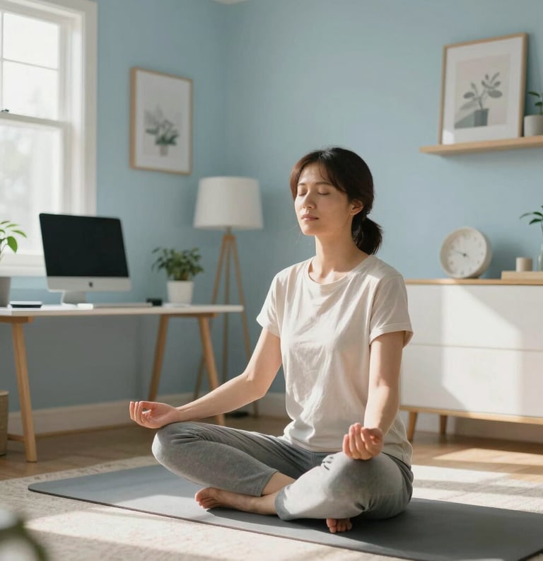 A person in a serene North American home office practicing deep breathing and mindfulness. The room is filled with sunlight and features calming light blue and off-white decor. The composition is peaceful and focused, reflecting personal development.