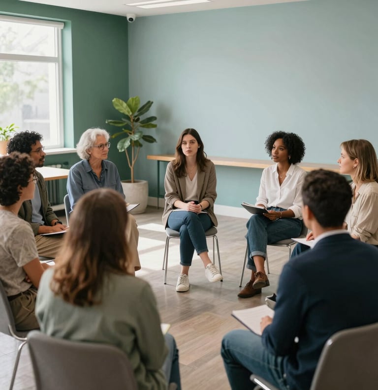 A diverse group of adults in a bright, modern North American community center, engaged in a supportive and open discussion. The room is filled with soft natural light and features calming deep green and light blue accents. The atmosphere is professional, compassionate, and welcoming.