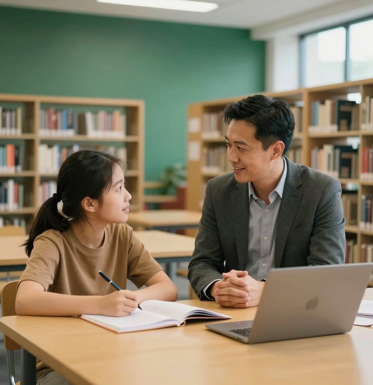 A bright, modern North American school library where a professional mentor is talking to a young adult student. Both are engaged in a constructive, positive conversation. The setting is academic and reassuring, using a palette of deep green and gold/tan tones.