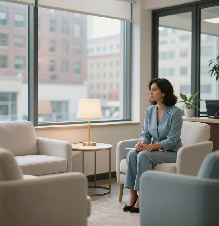 A serene and professional counseling office in a North American city. Large windows let in soft daylight. The interior features comfortable furniture in off-white and pale blue fabrics, with a small table holding a gold-colored lamp. The atmosphere is quiet, reassuring, and modern.