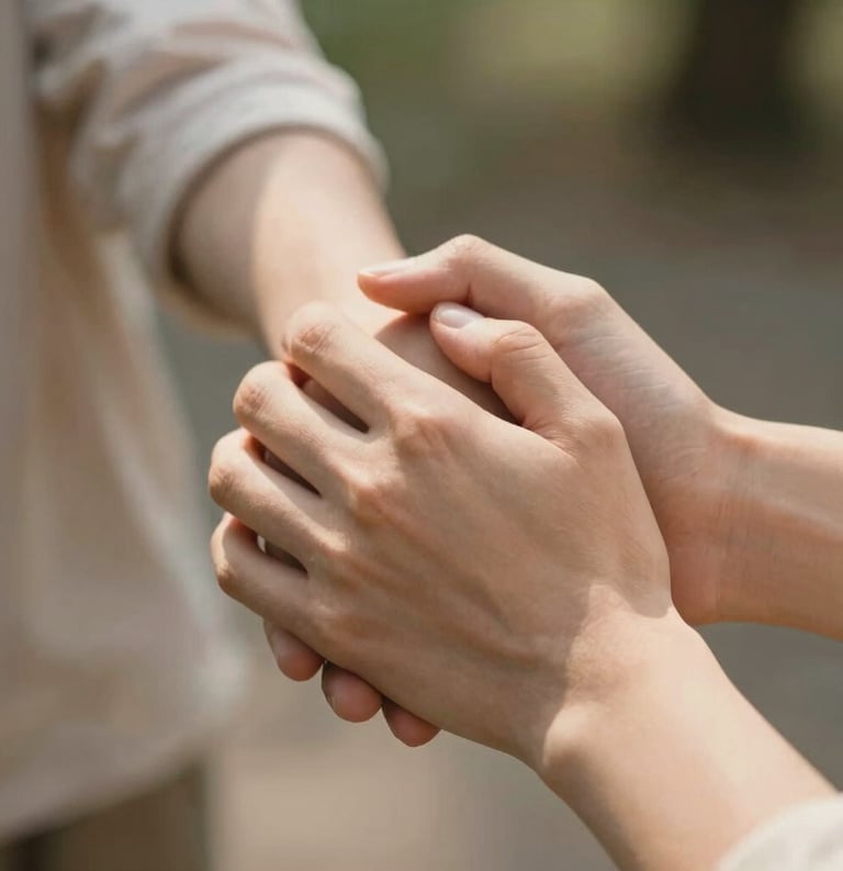 Close-up of two people holding hands in a supportive gesture, soft focus, warm North American afternoon light, compassionate atmosphere.