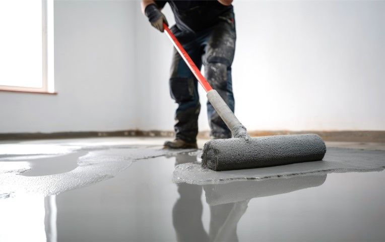 a man is applying floor epoxy with a roller 