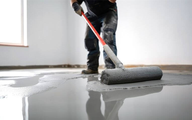 a man is applying floor epoxy with a roller