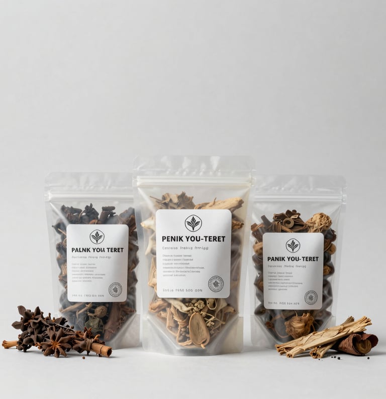 Clean, studio photography of traditional Indonesian herbal products in professional packaging on a minimalist white and light gray background, highlighting product safety and legality.