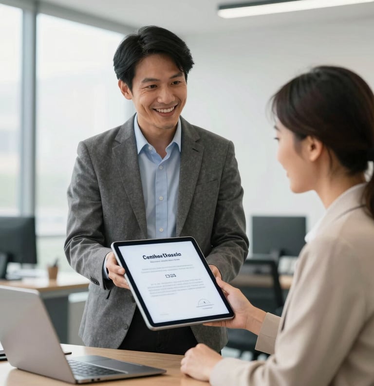 A professional Southeast Asian consultant in a modest business outfit presenting a digital legal certificate on a tablet to a smiling business owner in a bright, modern office.