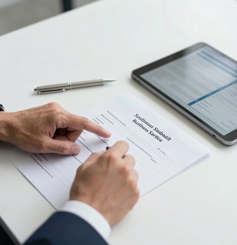 A close-up of hands of a professional Southeast Asian consultant pointing at a business registration certificate on a clean white desk. Beside it is a silver pen and a professional tablet showing a legal dashboard. High-key, bright lighting.